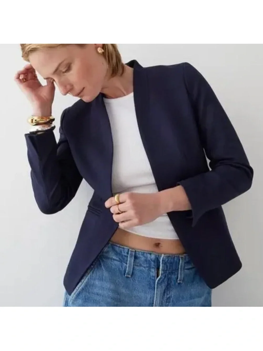 J. Crew Going Out Navy Blue Stretch Twill Slim Cut Open Front Blazer Jacket 12